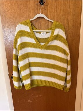Lovers + Friends Olive Green and Cream Striped V-Neck Sweater